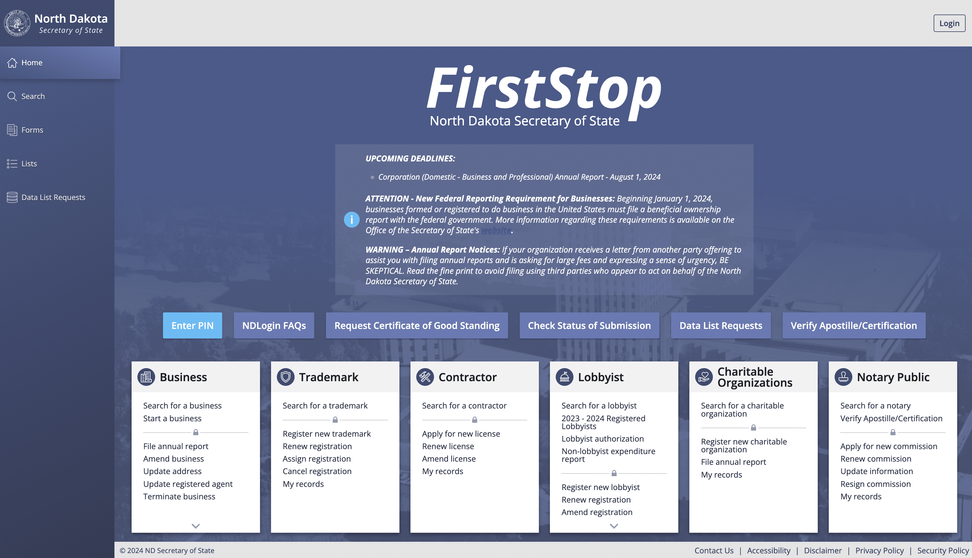 Accessing the North Dakota Secretary of State Website