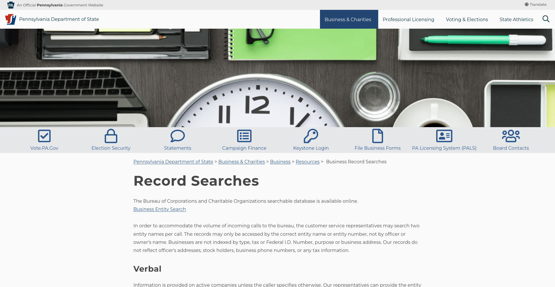 Accessing the Pennsylvania Secretary of State Business Search Platform