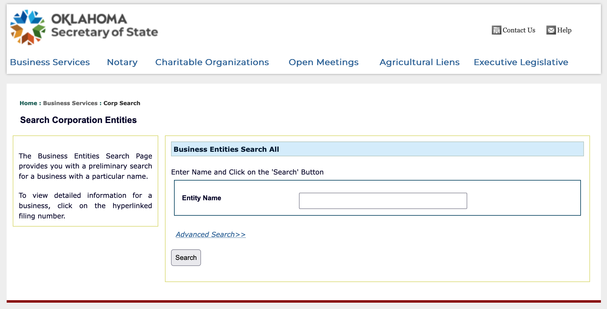 Basic Search: Starting with the Oklahoma Business Entity Name