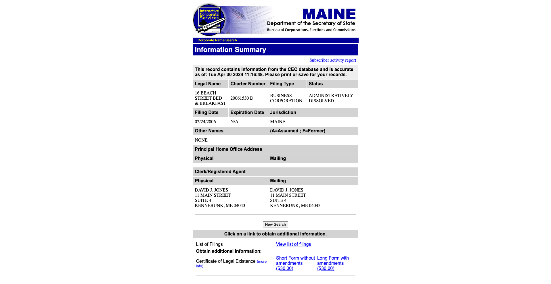 Business Results from Maine Secretary of State Business Search