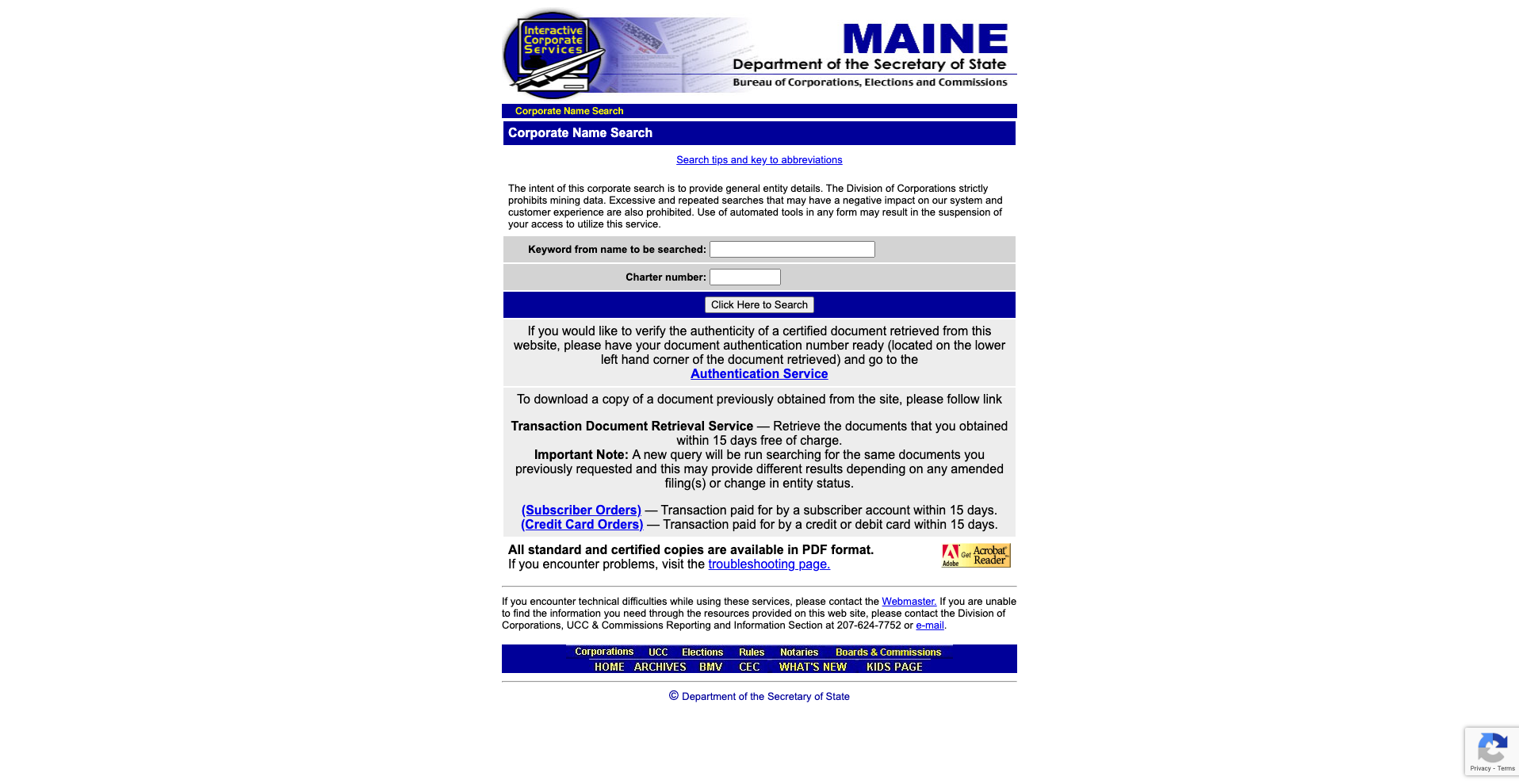 Maine Secretary of State Business Search Portal