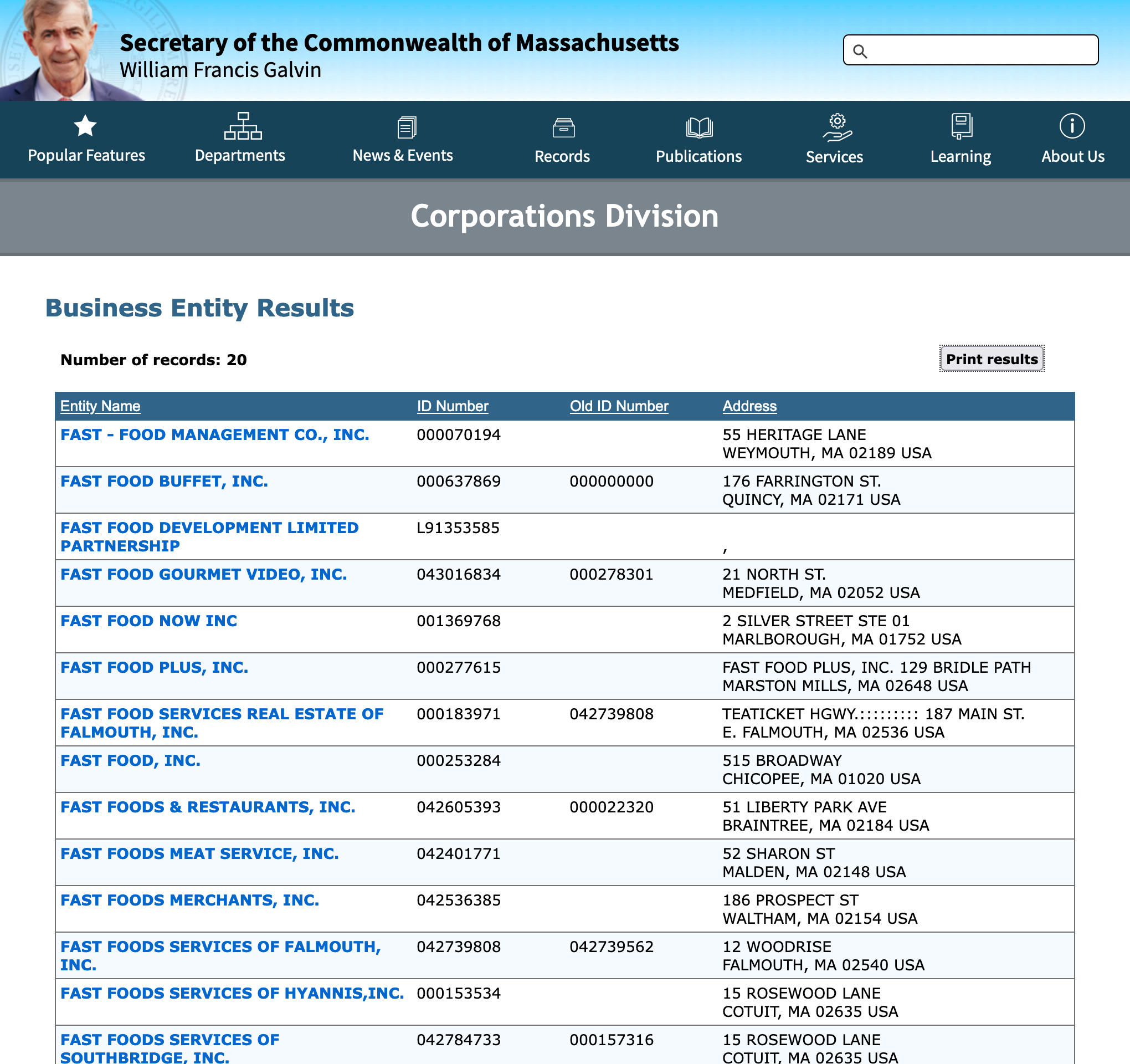 Performing a Massachusetts Business Entity Search