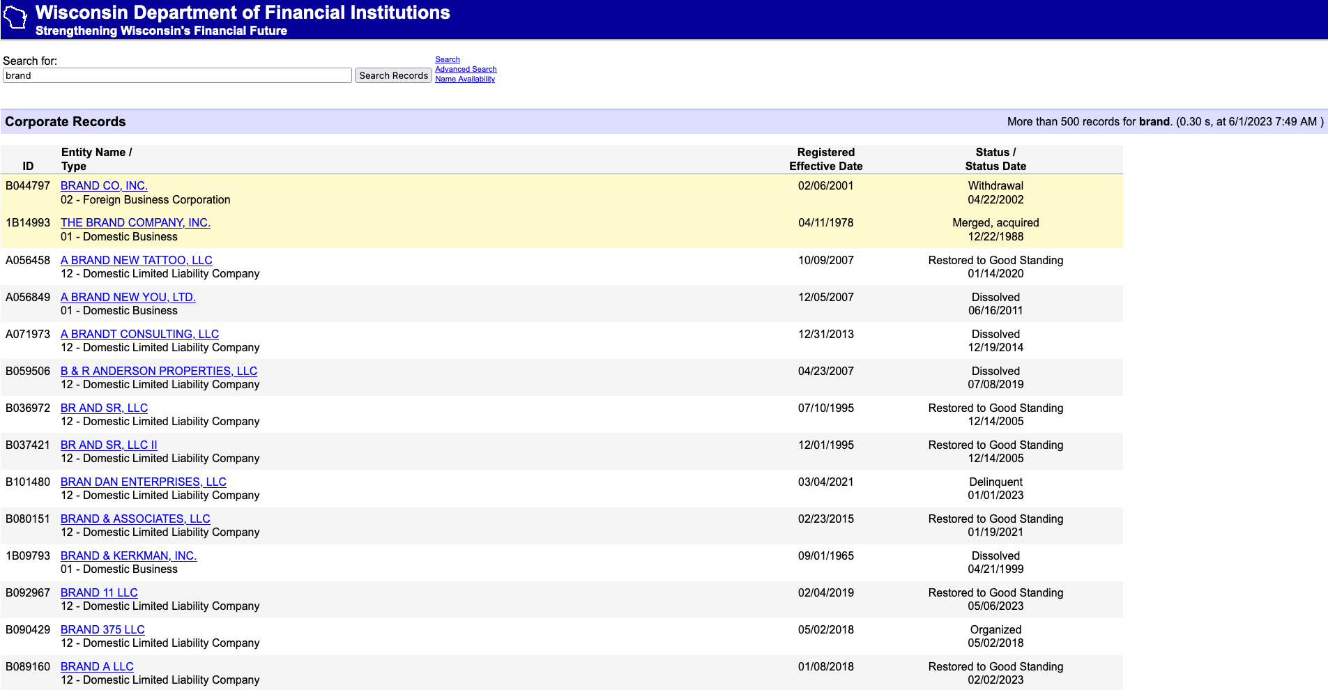 Searching by Business Name in Wisconsin - Step 2 Exploring the Search Results Initiating the Search