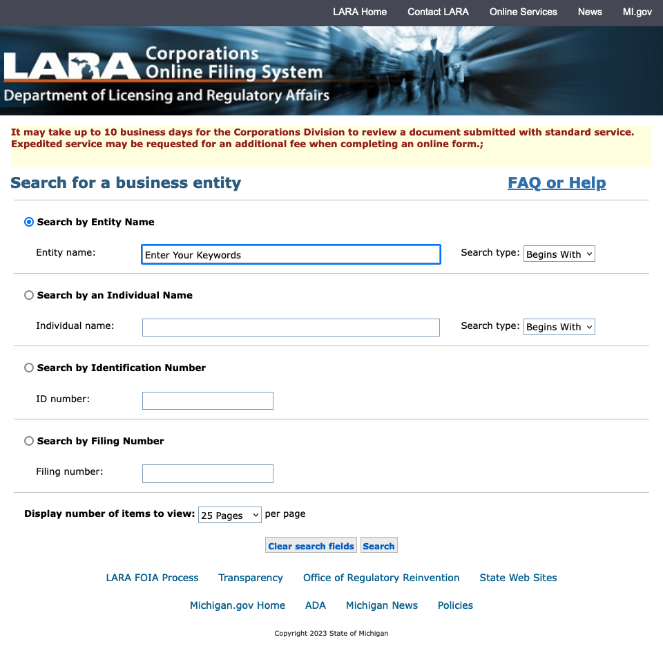 Utilizing Keywords to Find the Michigan Business Entity - Step 1